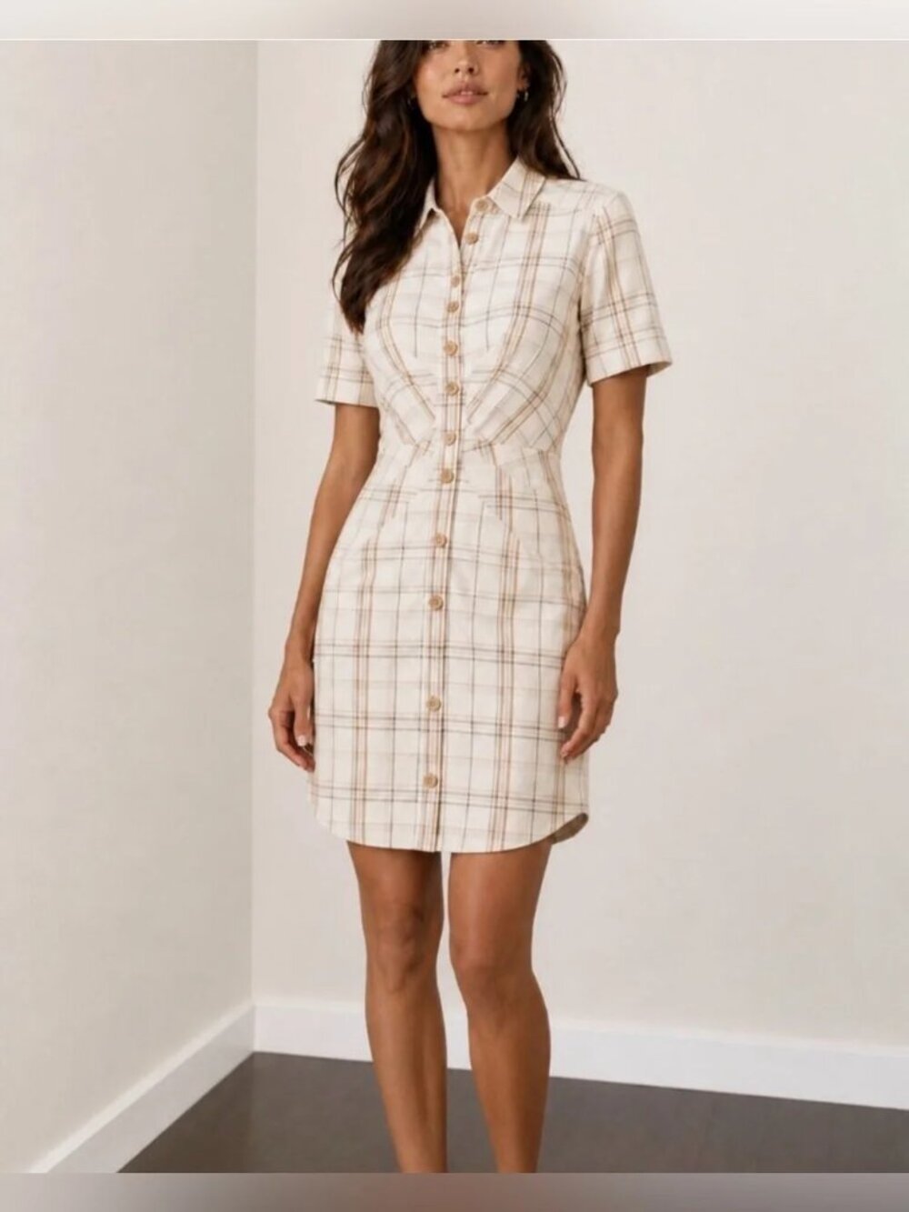 Veronica Beard Lora Plaid Mini Shirt Dress Button up collared ruched waist LG